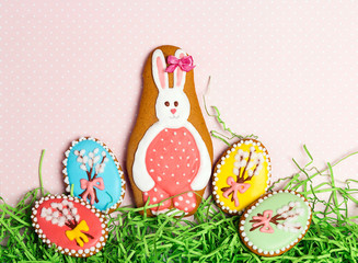 Easter homemade gingerbread cookies  in shape of bunny and eggs.