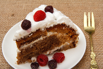 Slice of homemade biscuit cake decorated with whipped cream and raspberries.