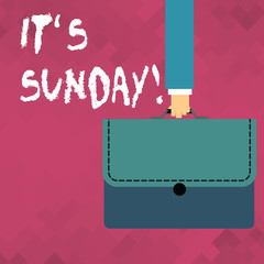 Word writing text It S Sunday. Business photo showcasing day of week between Saturday and Monday rest in most countries Businessman Hand Carrying Colorful Briefcase Portfolio with Stitch Applique