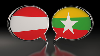 Austria and Myanmar flags with Speech Bubbles. 3D Illustration