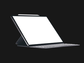 Blank screen tablet on black background. Isolated ipad. 