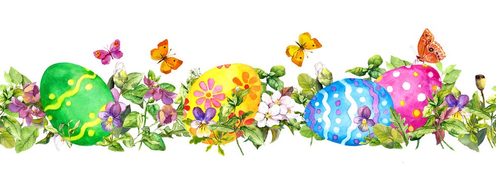 Easter eggs in fresh grass, spring flowers with butterflies. Watercolor horizontal seamless border stripe