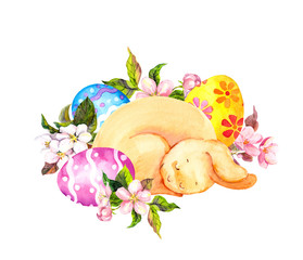Cute easter bunny, sleeping in colored eggs, flowers. Watercolor