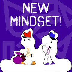 Conceptual hand writing showing New Mindset. Concept meaning mental attitude of demonstratings responses to certain situations Figure of Two Men Standing with Pouch Bag White Snow Effect