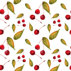 Watercolor cherries with leaves on a white background. Seamless repeat pattern.