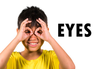English language learning card with portrait of 8 years old child pointing his eyes isolated on...