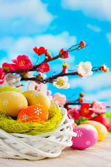 Fototapeta na wymiar Colorful Easter eggs, white nest and branches with spring flowers on wooden table and blue sky background