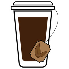 Vector of take away paper cup of hot drinks, hot tea with tea bag. Glass with the brewing of black tea.