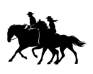 horseback cowboy and cowgirl - man and woman riding horses wild west theme black and white vector silhouette design