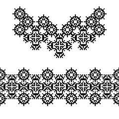 Necklace and border in american indian style. Embroidery dotted schemes. Pixel navajo neckline and stripe. Textile geo prints. Beading chevron design. Tattoo belt. Cross stitching ornament.