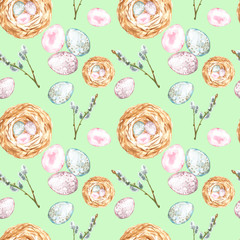 Watercolor seamless pattern with easter eggs, bird nest, willow tree branch on green background. Hand painted decorative elements symbols of spring holiday for greeting cards, scrapbooking, textile