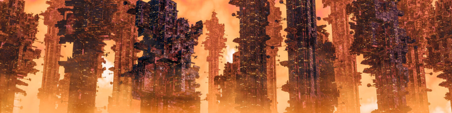 Mining colony city panorama / 3D illustration of dark futuristic science fiction city on hot desert planet