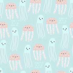 Seamless pattern with cartoon sea creatures. Creative undersea childish texture. Cute texture for fabric, wrapping, textile, wallpaper, apparel.