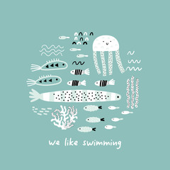 Сute sea creatures. We like swimming lettering. Baby design for birthday invitation or baby shower, poster, clothing, nursery wall art and postcard.