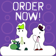 Handwriting text writing Order Now. Conceptual photo confirmed request by one party to another to buy or sell Figure of Two Men Standing with Pouch Bag on White Sticker Style Snow Effect