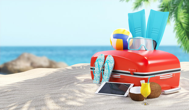 Suitcase on the beach for holiday, 3d render illustration