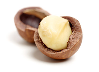Shelled and unshelled macadamia nuts on white background 
