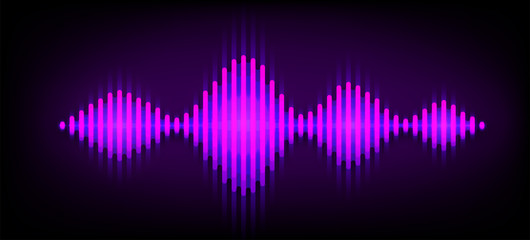 Neon wave sound vector background. Music soundwave design, purple light elements isolated on dark backdrop. Radio frequency beat lines