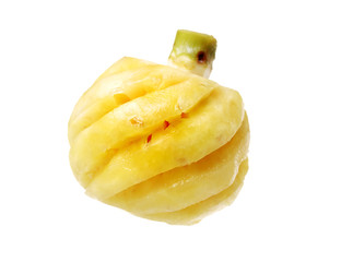 Ripe pineapple peeled on white background