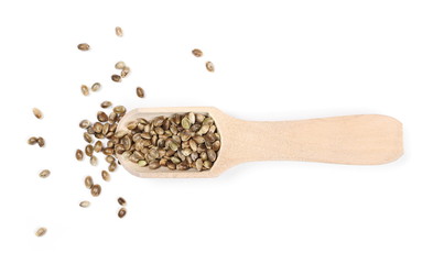 Hemp seeds with wooden spoon isolated on white background, top view