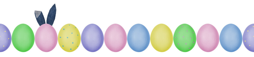 Close up photo of colorful painted Easter eggs with eggshell texture arranged in a row. One egg with denim textile bunny ears. Seamless pattern. Isolated on white background.