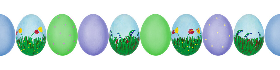 Close up photo of colorful hand painted Easter eggs with eggshell texture in a row. Seamless pattern. Isolated on white background.
