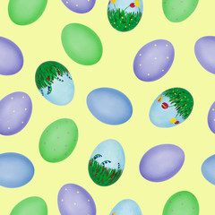 Seamless Easter pattern made of photos of hand painted hen’s eggs. Closeup photos with eggshell texture. Happy Easter concept.