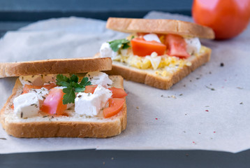 sandwiches with tomato, cheese and herbs