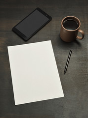 Office desk, digital tablet, empty note paper (screen has clipping path)