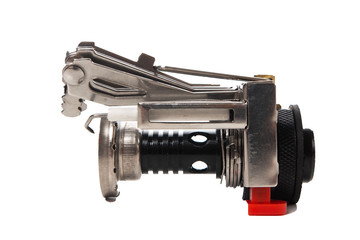 Small gas burner for camping trip to gas cylinder isolated on white background