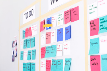 Scrum task board with stickers on wall in office