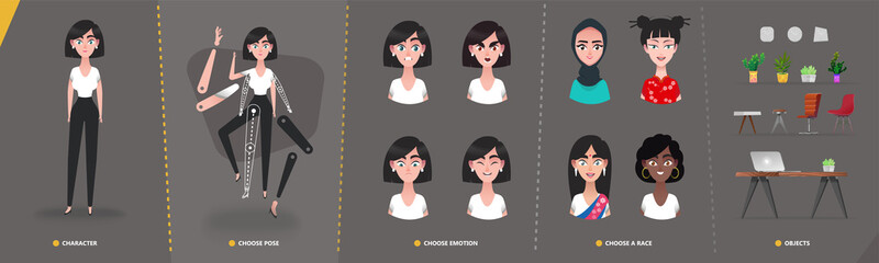 Cartoon  character business woman  girl  for animation and motion design. Set interior objects in flat cartoon style