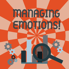 Text sign showing Managing Emotions. Business photo text ability be open to feelings and modulate them in oneself Magnifying Glass Over Bar Column Chart beside Cog Wheel Gears for Analysis