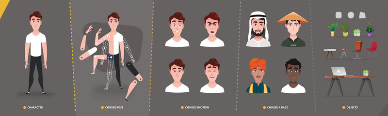 Cartoon  character man  for animation and motion design. Set interior objects in flat cartoon style