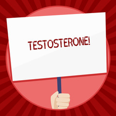 Handwriting text Testosterone. Conceptual photo Male hormones development and stimulation sports substance Hand Holding Blank White Placard Supported by Handle for Social Awareness