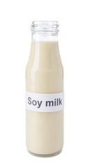 Bottle of healthy soy milk on white background