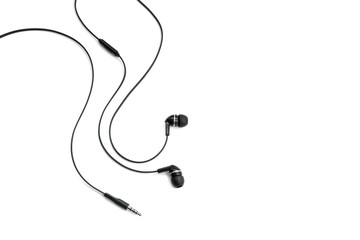 Headphones for listening music and sounds on portable devices on a white background. Ear plugs. Earflaps for a mobile phone. Headset from two earpieces. Playing music
