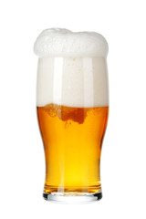 Single glass of beer close up isolated on white background