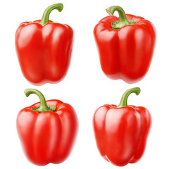 Isolated peppers. Collection of four whole red bell peppers isolated on white background with clipping path