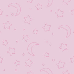 Soft pink seamless stars and moon pattern. Background for gift wrapping paper, fabric, clothes, textile, surface textures, scrapbook.