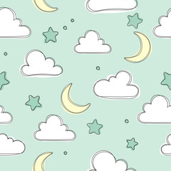 Cute green sky pattern. Seamless vector design with clouds, moon and stars. Baby illustration. Cute sweet love baby background. Colorful design for textile, wallpaper, fabric, decor.