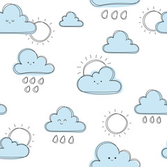 Clouds with sun background, cute seamless pattern, cartoon vector illustration,  background for kids, wallpapper, pattern for scrapbooking