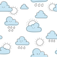 Obraz premium Clouds with sun background, cute seamless pattern, cartoon vector illustration, background for kids, wallpapper, pattern for scrapbooking