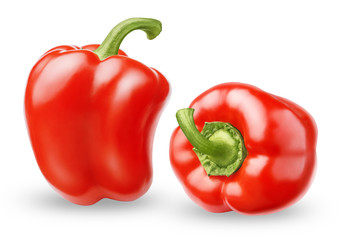 Isolated peppers. Two red bell peppers isolated on white background with clipping path