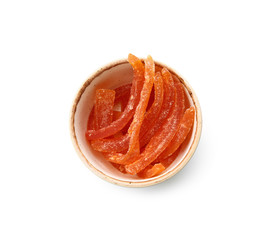 Tasty candied orange peels on white background