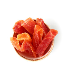 Tasty dried papaya on white background