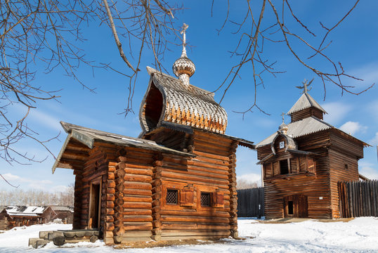 Irkutsk architectural and ethnographic Museum "Taltsy". .The Spasskaya (Saviour tower) of Ilimsk stockaded town, 1667 and Kazan  church, 1679. The selo of Taltsy, Irkutsk oblast, Russia