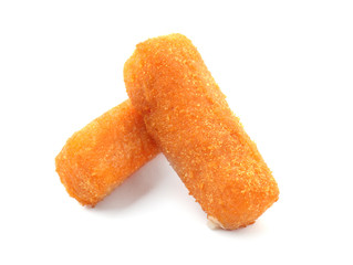 Tasty mozzarella sticks on white background