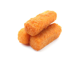 Tasty mozzarella sticks on white background