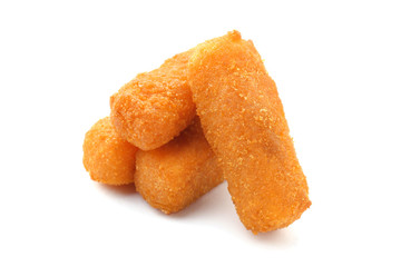Tasty mozzarella sticks on white background